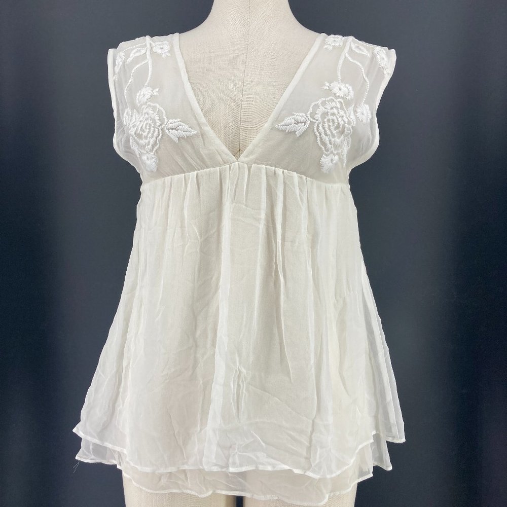 New Plenty Tracy Reece Top Semi Sheer White Tank Blouse Embroidered Size Small